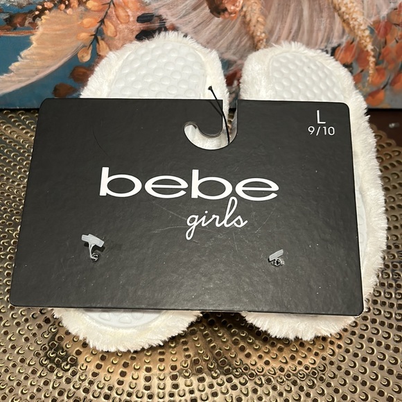 Bebe Toddler girls slippers Size L 9/10 Plush white grey with blue bow NWT Clean - Picture 6 of 8